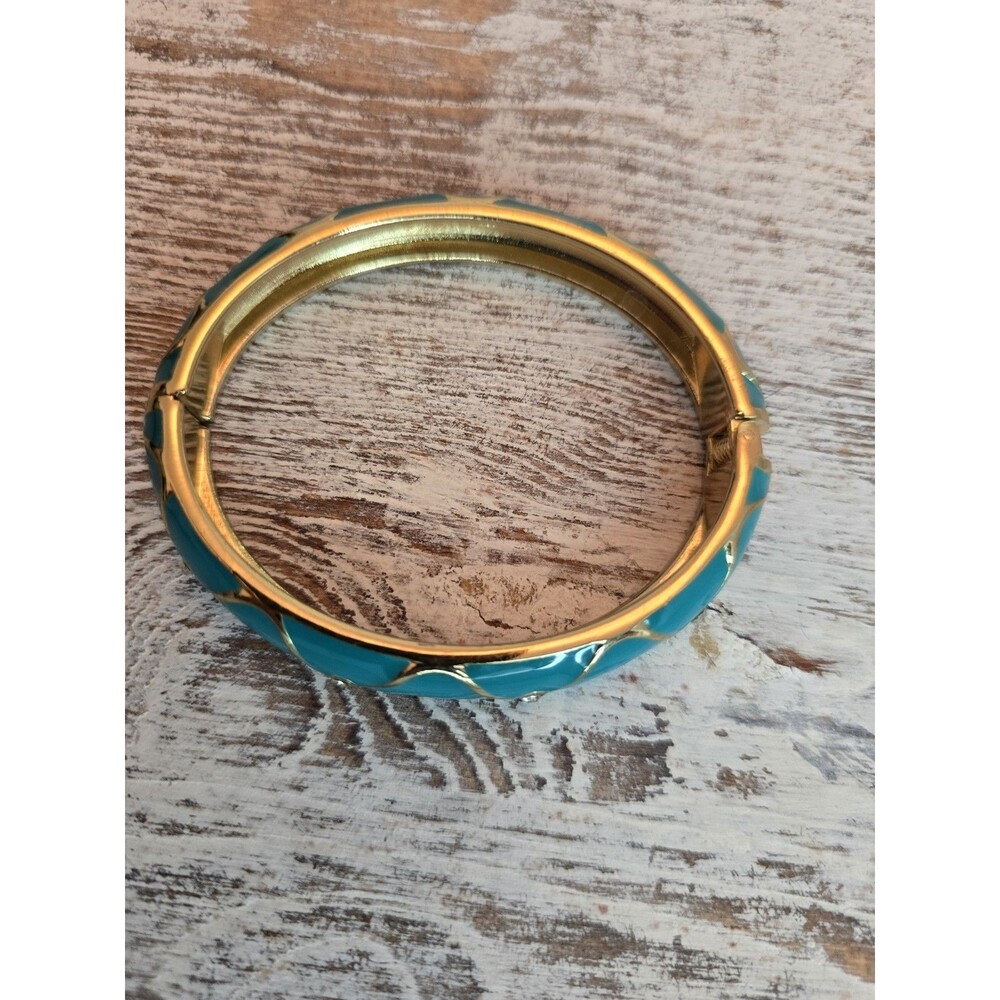 Vintage Turquoise Enamel Clamper Bracelet Gold Tone Rhinestone Jewelry #259 - Picture 11 of 12
